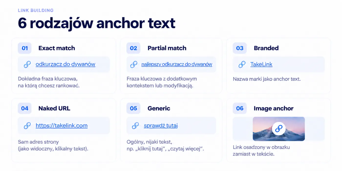 Infografika z sześcioma kafelkami rodzajów anchor textu: exact match z linkiem „odkurzacz do dywanów”, partial match z „najlepszy odkurzacz do grubych dywanów”, branded z nazwą TakeLink, naked URL z adresem https://takelink.com, generic z „sprawdź tutaj” i image anchor z linkiem osadzonym w zdjęciu